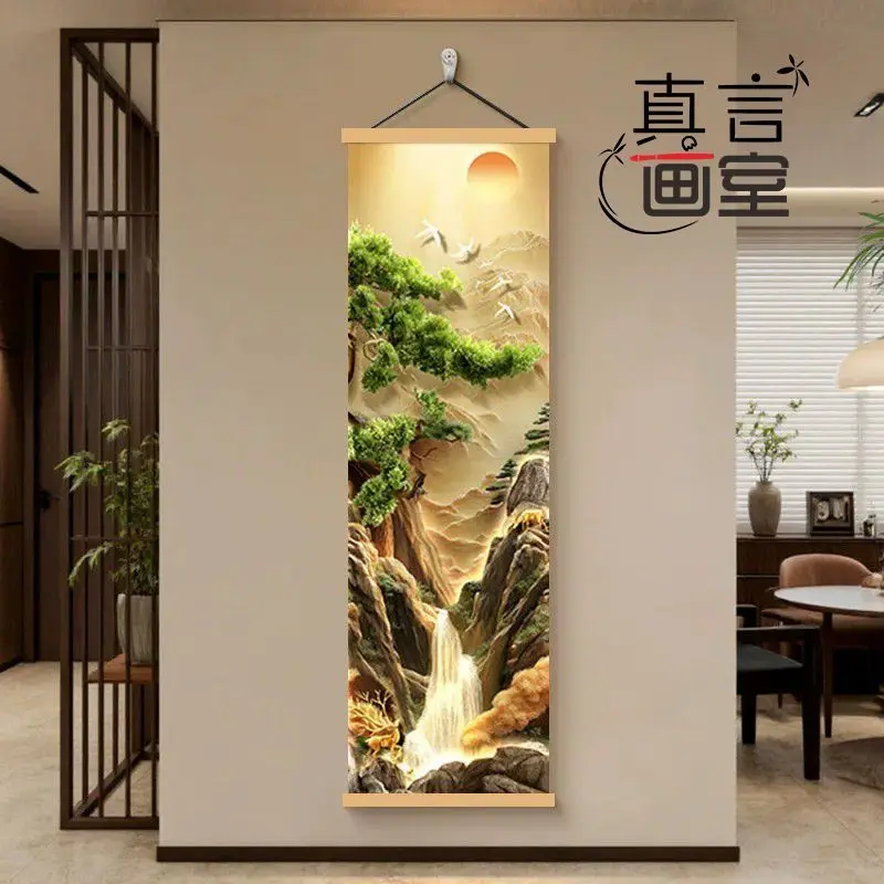 Wall Art Rising Sun Pine Tree Mountain Pearlescent Canvas Hanging Scroll with Wooden Rods for Hallway and Entryway Decor