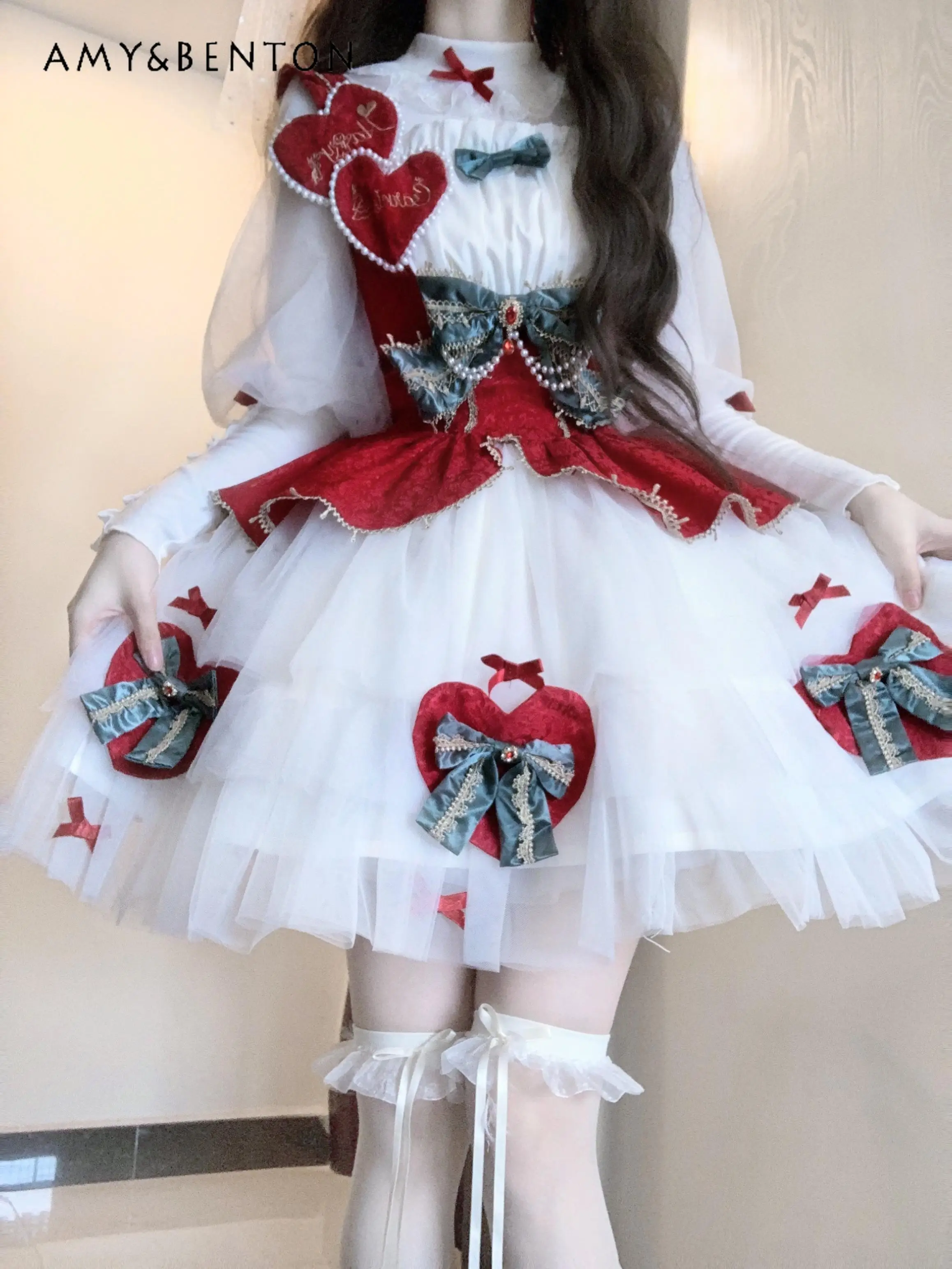 

2025 Autumn and Winter Day Carnival JSK Christmas New Year Lolita Daily Cute Girl Dress White Long Sleeve Versatile Top Set