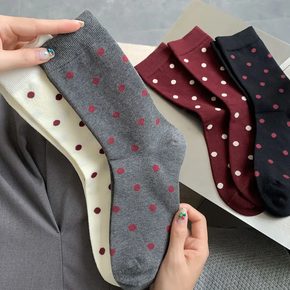 Harajuku Vintage Frauen Socken Herbst Winter Neue Gestrickte Baumwolle Elastische Lange Socken Frauen Polka Dot Japanischen Kawaii Nette Socken Sox – Detail 4