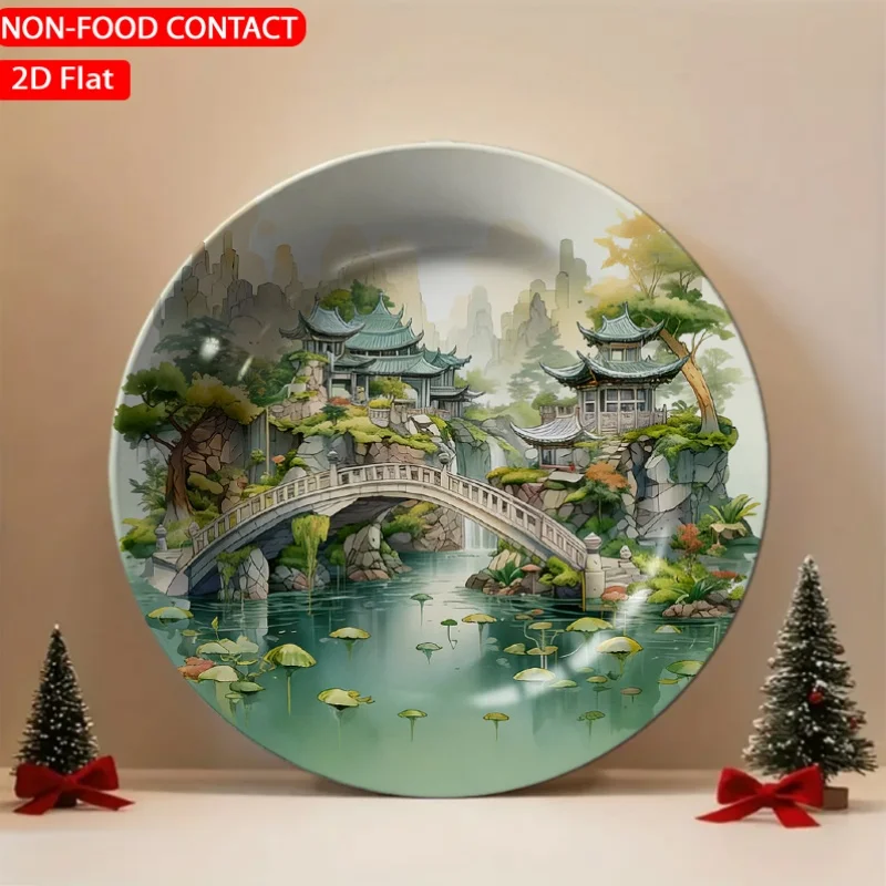 1pc Oriental Garden Bridge Green Ceramic Plate Non-Food Contact, Home Desktop Ornaments, Living Room And Bedroom Decorations,