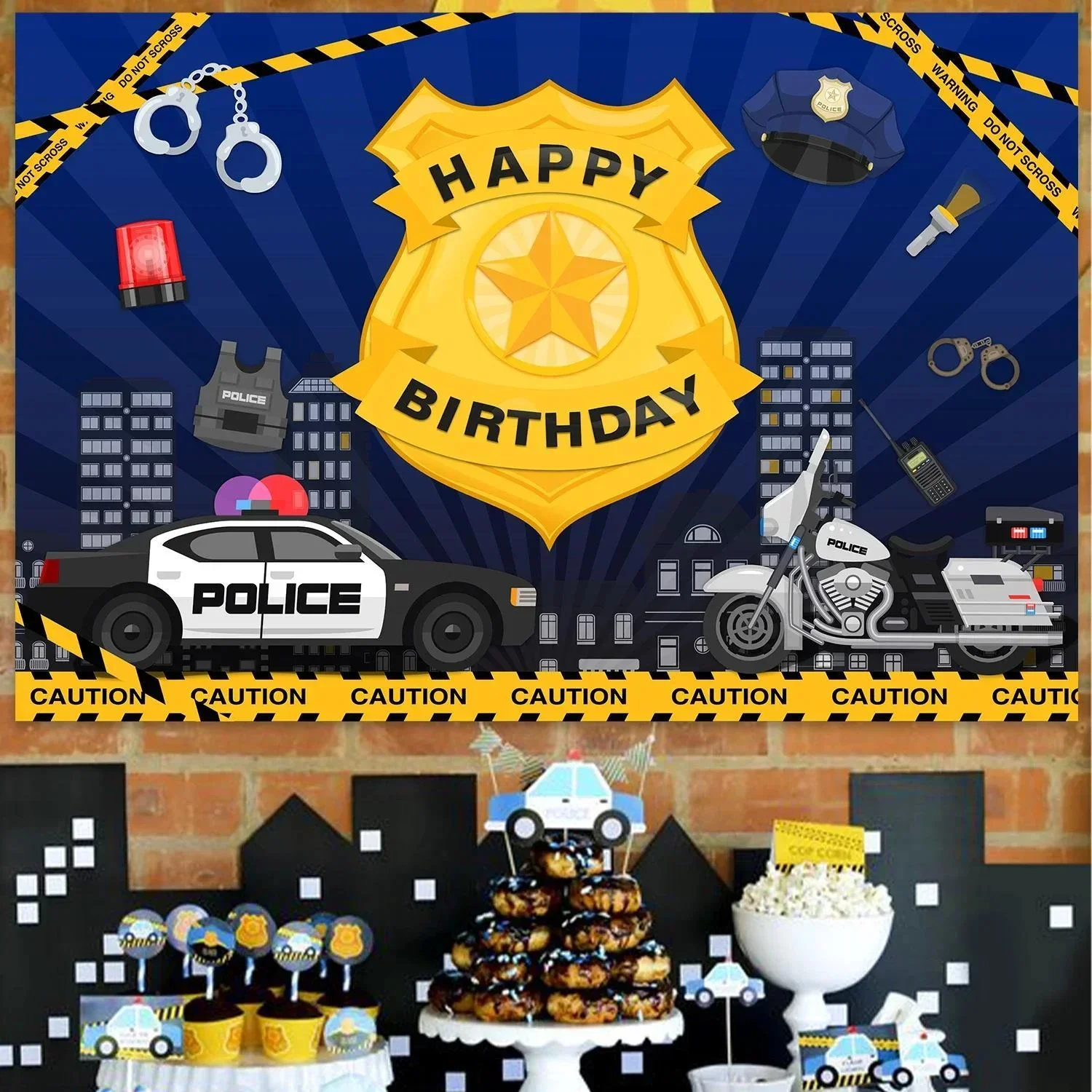 Police theme birthday party background props, black, blue, yellow, police car banner, background cloth