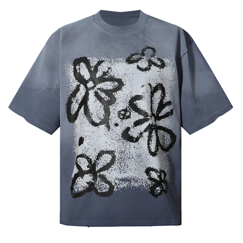 New Style Saint Tops T-shirt Floral Graffiti Design Retro Do Old Street Trend Short Sleeve T-shirts Men's Women's Wear