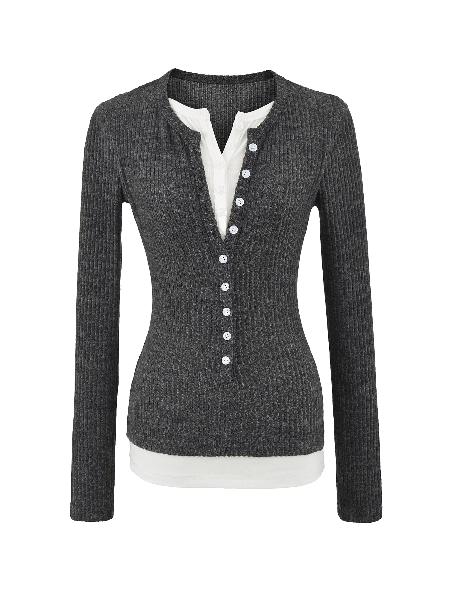 

American Sle Hot Girl Color Blo Button Fake Two-Piece Knitted Long Sve Slim Fit Versatile Women's Top Polyester Cotton...