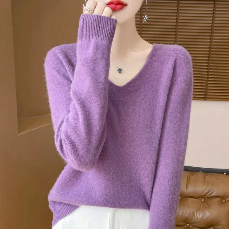 100% Wool Cashmere Sweater Women\'s 2024 Autumn/Winter New V-neck Knitted Pullover Solid Color Long Sleeve Soft Comfortable Tops