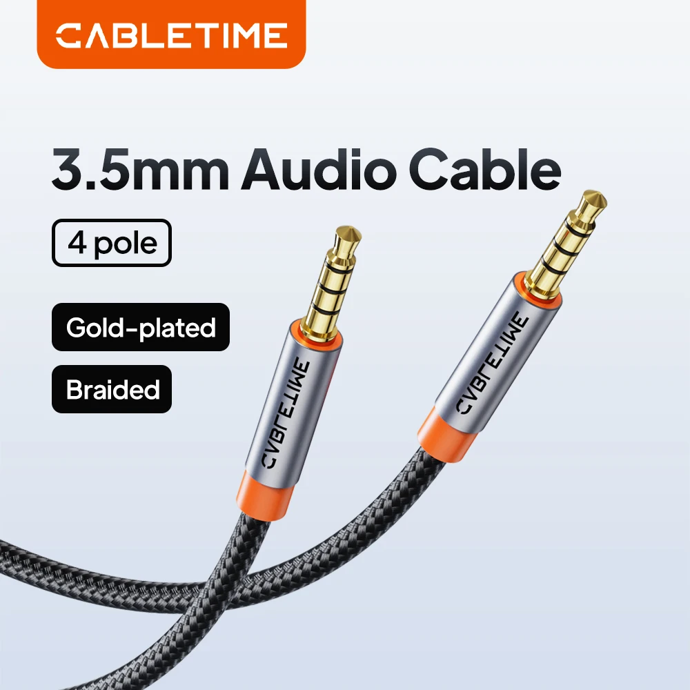 Cabletime 3.5mm cabo aux 4 pólos trrs 4 condutores cabo aux auxiliar para telefone fone de ouvido microfone música do carro função alta fidelidade áudio