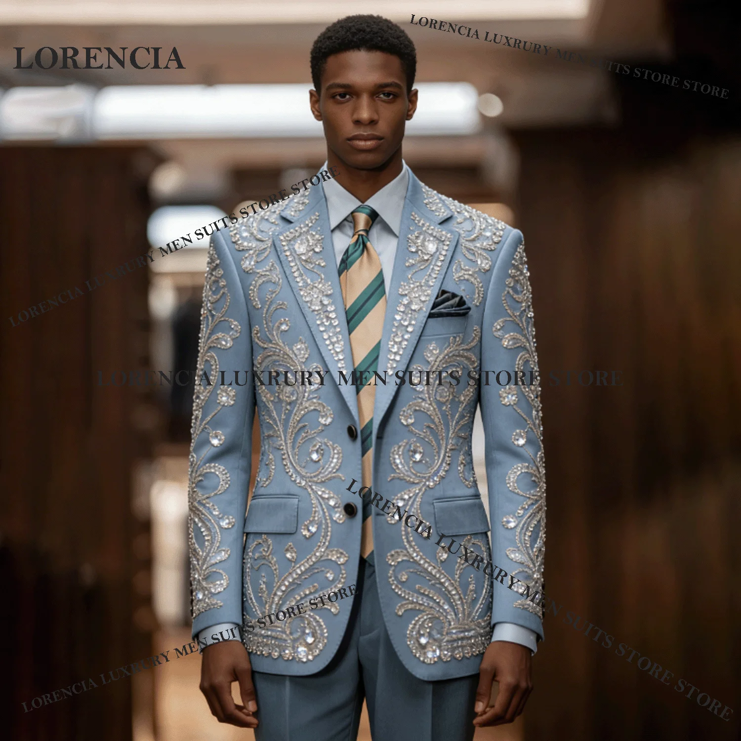 

Customized Exquisite Diamond Men Suit Elegant Crystal Paillette Wedding Tuxedos Slim Ropa hombre 2 Pieces Sets Groom Male Blazer