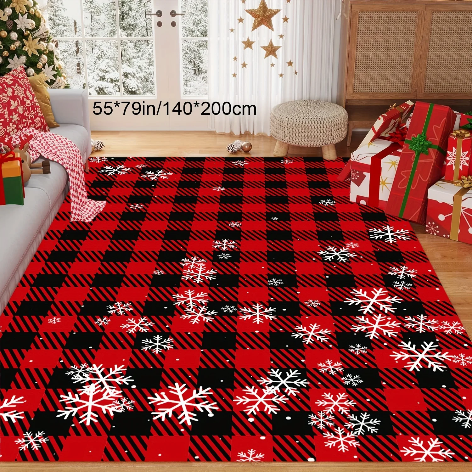 1pc Cozy Plaid Christmas Snowflake Area Rug, Non Slip & Washable, Multi-use Mat for Living Room, Bedroom, Office Holiday Decor