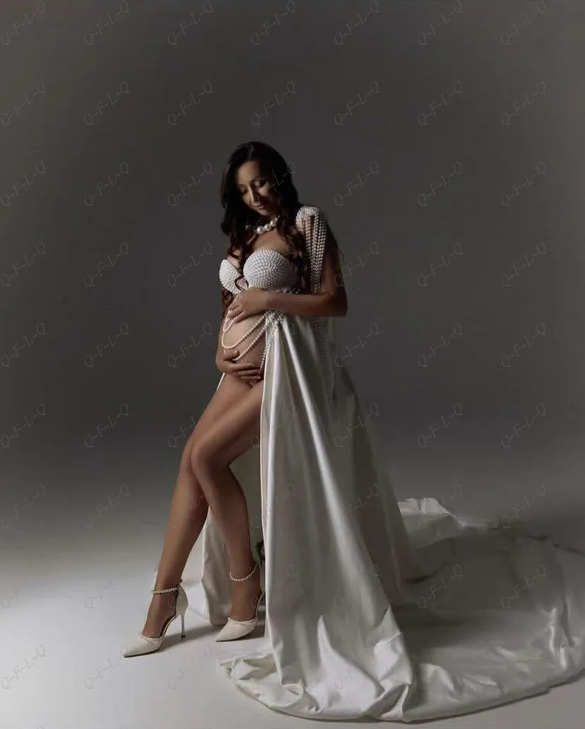 Gorgeous Matermity Dress Long Pearls Chain Photo Shoot Pregnant Gowns White High Split Maternity Dresses Many Color Available