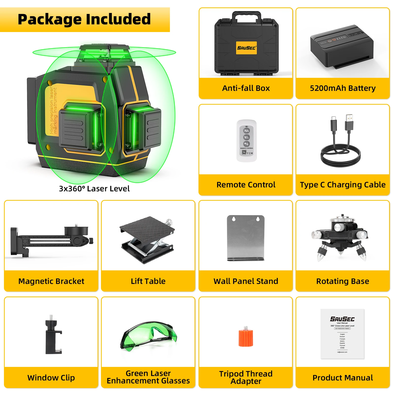 3D 12 Lins Self Leveling Laser Level SAVSEC 3 x 360° Stepless Dimming Green Cross Lines Laser with Remote Control Li-ion Battery