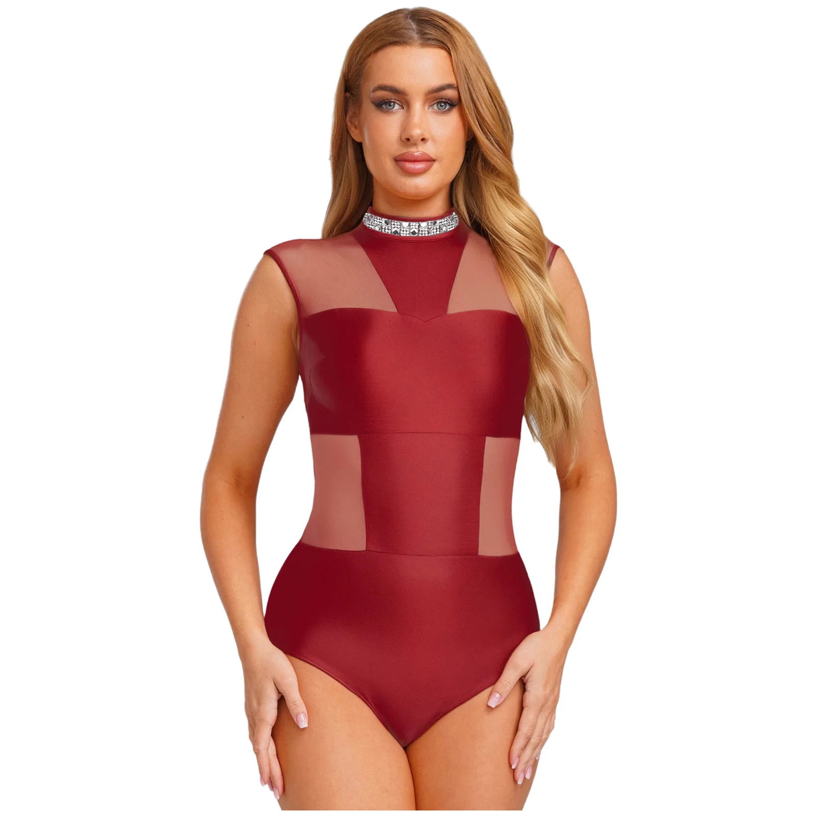 

Womens Figure Skating Dance Leotard Rhinestone Sleeveless Backless Openable Crotch Bodysuit for Latin Ballet Dance Performance