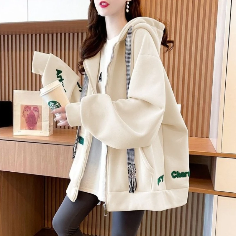 Full Zip Up Woman Hooded Tops Cold Warm Y2k Style Korean Popular Clothes Autumn and Winter Hoodies Sweatshirt for Women Thick