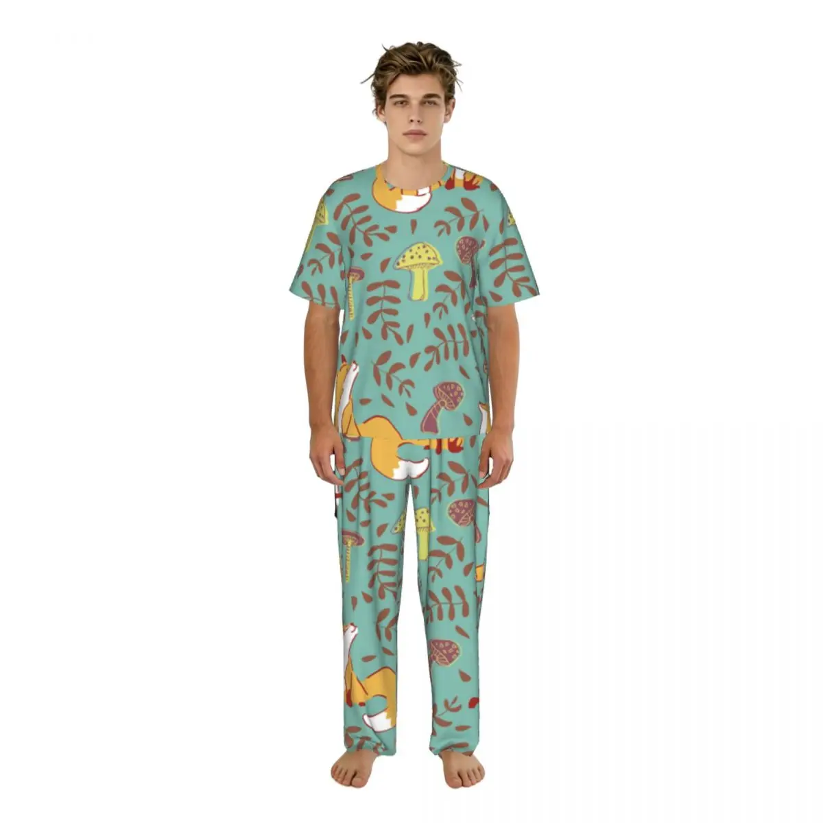 Men Pajamas Set Cute Fox Mushroom Leave Pattern Short Sleeve Spring Summer Lounge Sleepwear Male Nightwear