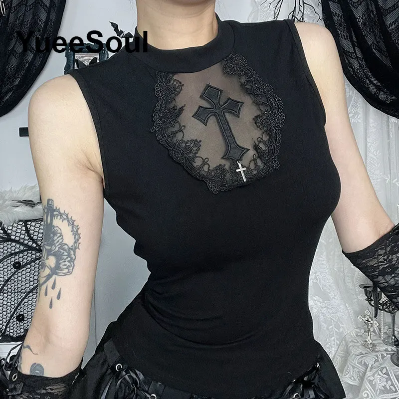 Gothic Crop Tops Black Spaghetti Strap Mesh Slim Corset Tops 2025 New Goth Punk Grunge Fairy Core Sexy Y2K Halloween Clothing image 6