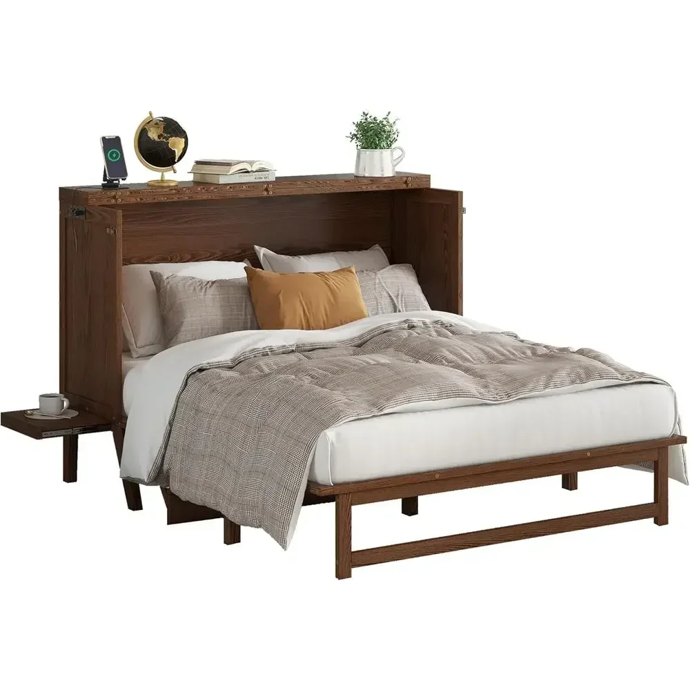 Wall-Mounted Queen Murphy Bed with Desk, USB Ports, and Side Shelves - Ideal for Small Spaces in Walnut Finish view 5