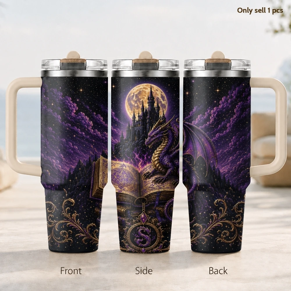 Cool Purple Magic Dragon Vacuum Flasks 40oz 3rd Gen Vacuum Insulated Stainless Steel Tumbler Cup with Handle Straw Lid For Gifts