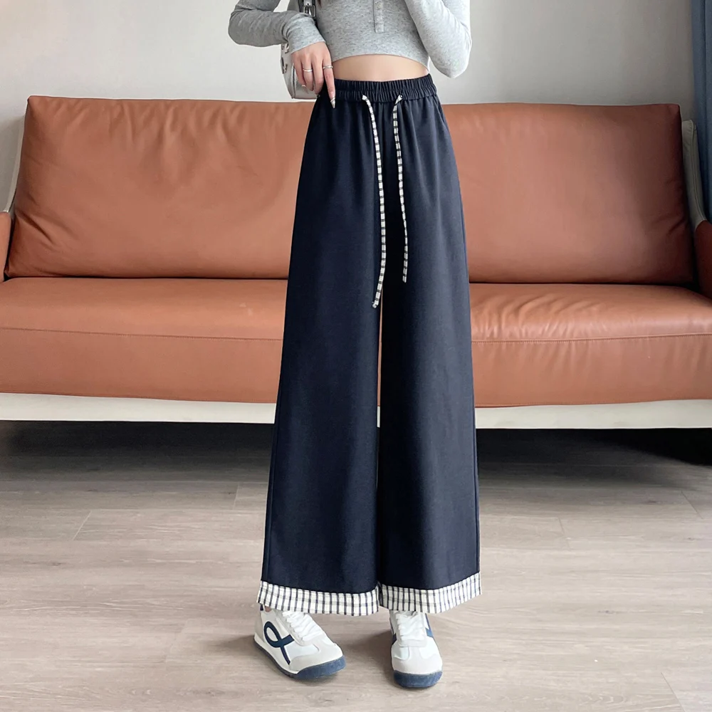 

Casual Summer Ankle Length Women's New Style Clash Grid Drawstring Elastic Waist Loose Straight Leg Pants Women's Office Women