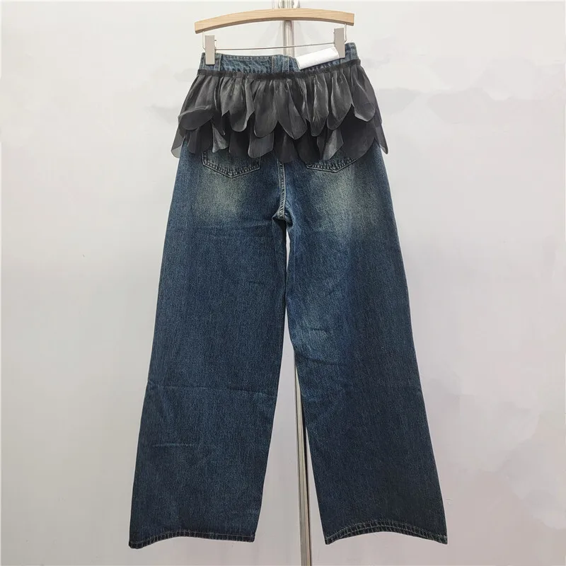ANJY Autumn Winter New Women Fashion Irregular Hem Fake Two-Piece Jeans Trendy Street Chic Versatile Wide-Leg Denim Pants A16768