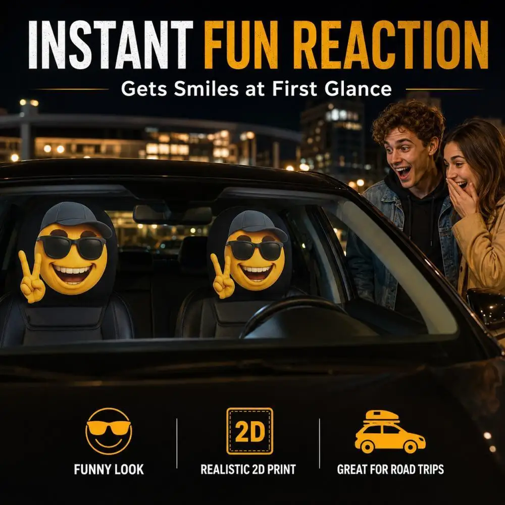 2 Pieces 2D Printed Cool Emoji Peace Sign Car Headrest Covers Funny Smiley Face Playful Interior Decoration for Road Trip