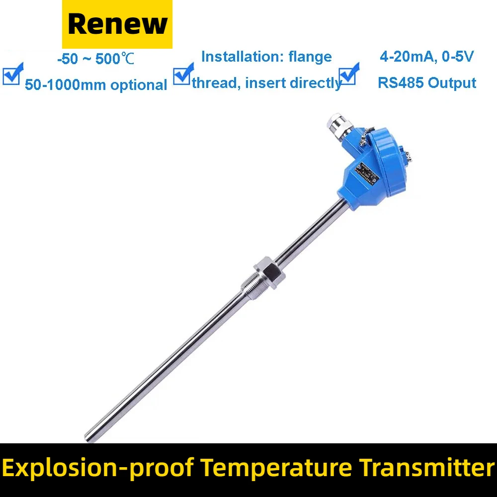 

Movable Thread Pt100 4-20ma Explosion Proof Fuel Temperature Sensor Transmitter Pt100 -200~+600℃ Dc24v,dc12v Ip65