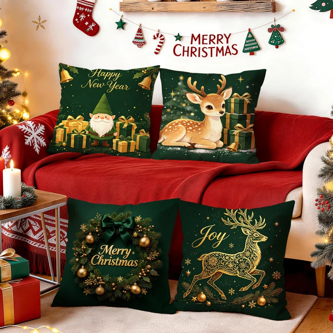 1/4pcs Dark Green Christmas Pattern Cushions Pillowcase Polyester Cushion Cover Throw Pillow Pillowcover Home Car Sofa Decor