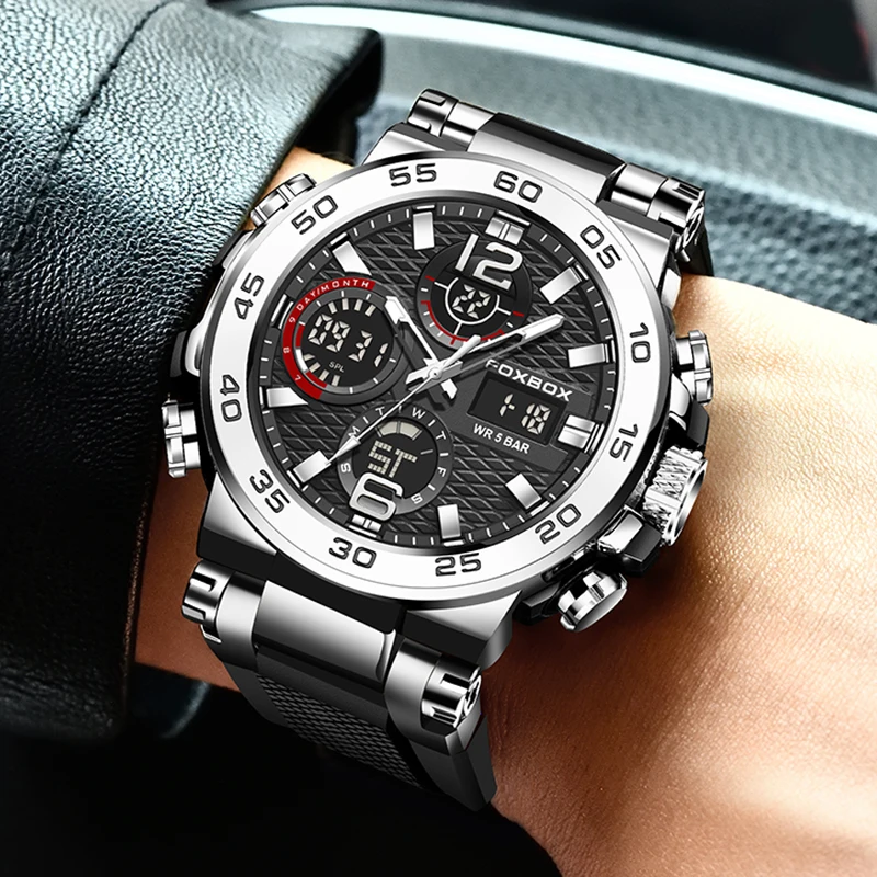 LIGE Dual Display Watch Men Fashion Military Waterproof Quartz Watches For Men FOXBOX Top Brand Luxury Chronograph Montre Homme