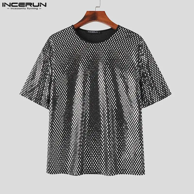 Incerun-男性用の光沢のあるスパンコールTシャツ,半袖,ラウンドネック,ルーズ,カジュアル,ストリートウェア,パーティーファッション,S-5XL, 2024