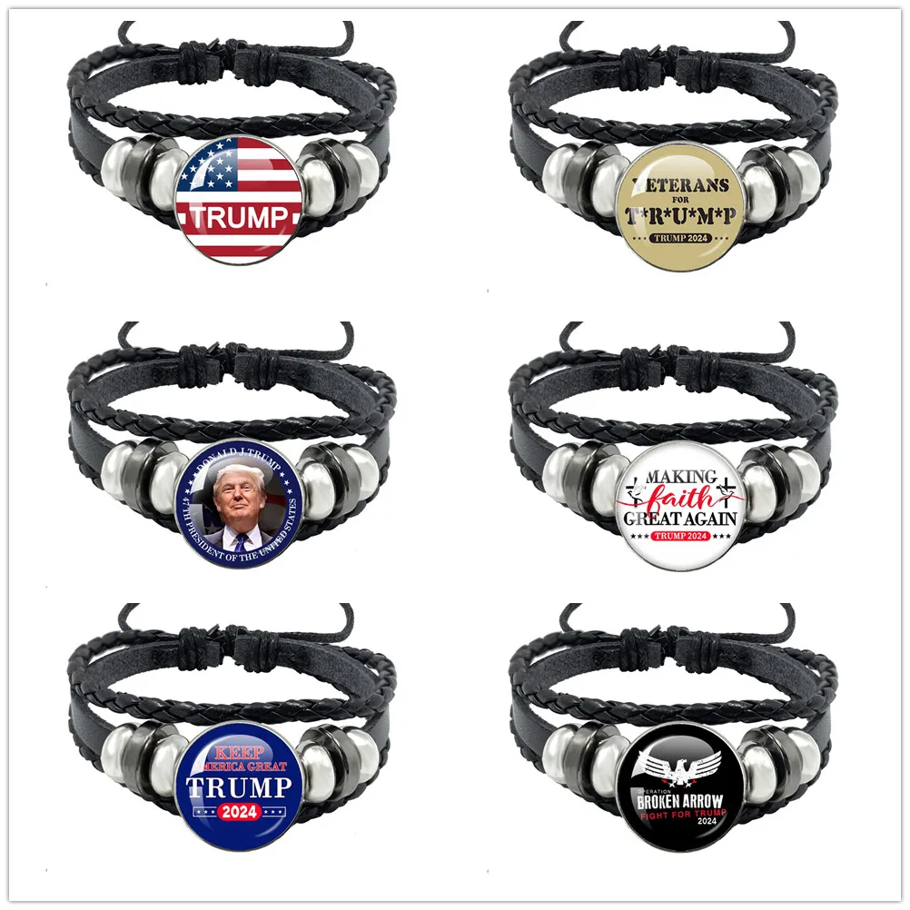 Trump 2024 Flag Bracelet Save America Again Bracelet Pendant Leather Rope Adjustable Bracelet Women Men Jewelry Gift