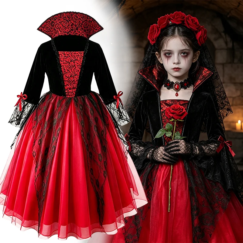 Little Girls Gothic Red Black Cosplay Dress Set Kids Halloween Fancy Costume with Veil Gloves Jewelry Holiday Theme Party Show