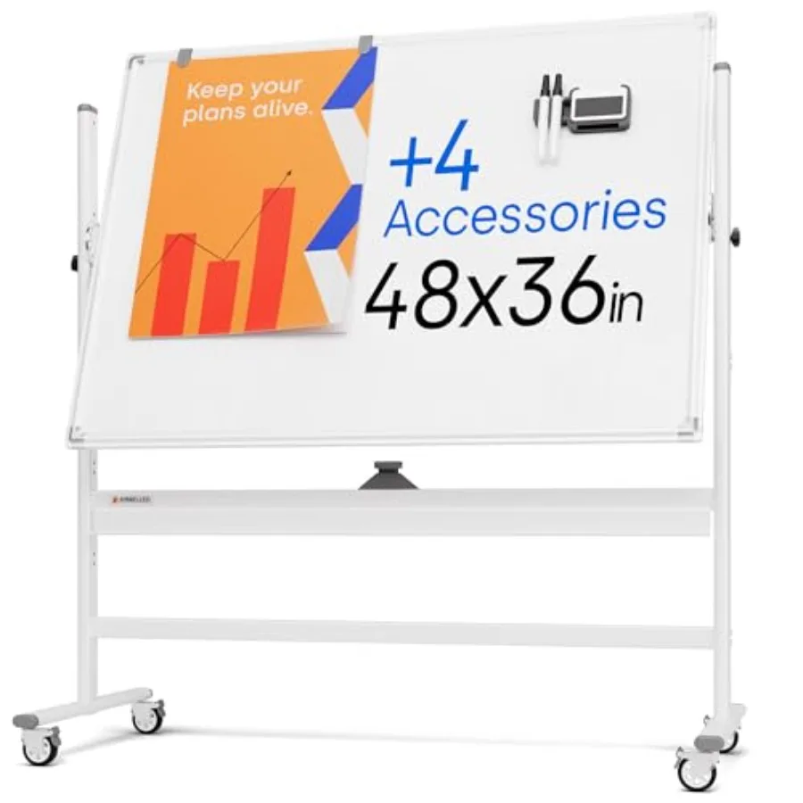 

Двусторонняя магнитная доска для записей на колесиках 48 x 36 дюймов - Большая портативная доска-мольберт с подставкой