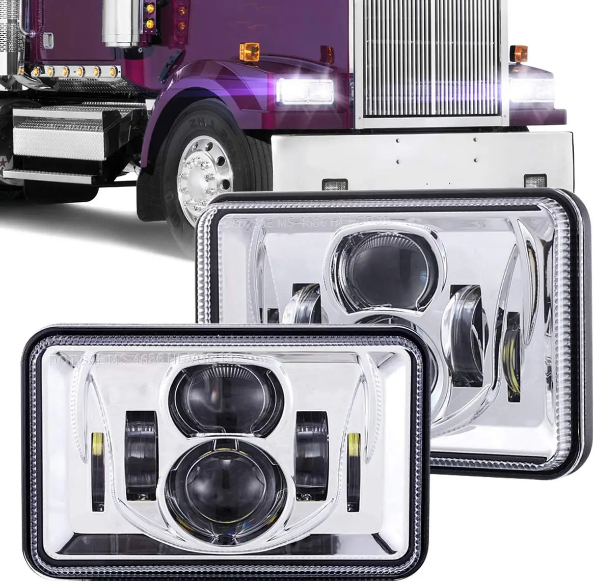 

Комплект из 4 прямоугольных светодиодных фар DOT 4x6 дюймов (H4651, H4652, H4656, H4666, H6545) для замены, совместимые с Peterbilt Kenworth