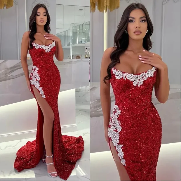 

New Mermaid Red Sequin Crystal Beaded Prom Dress Sexy Strapless Backless Slit Formal Party Elegant Evening Dress Customized 2025