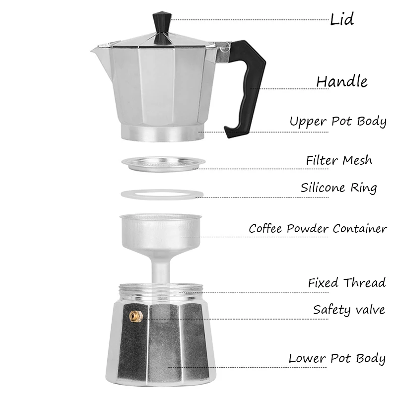 Italian Coffee Machine with Handle Octagonal Aluminium Alloy Coffee Cups Home Applicable Stove Espresso Flat Bottom Moka Pot