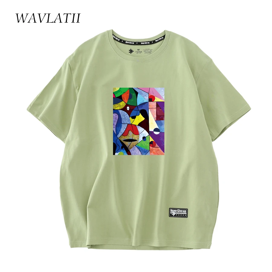 WAVLATII Abstract Print New Women Cotton T Shirts Female White Casual Short Sleeve Summer Green Tees Tops WT2217