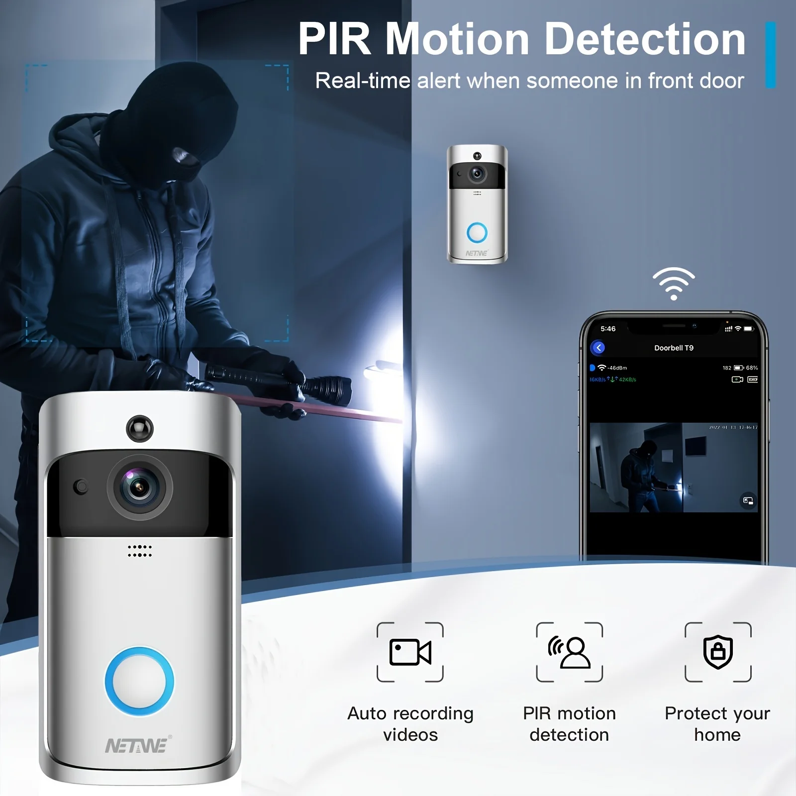 Videocamera per campanello HD wireless alimentata a batteria con rilevamento del movimento, visione notturna, conversazione bidirezionale, archiviazione su cloud - Smart Home Se