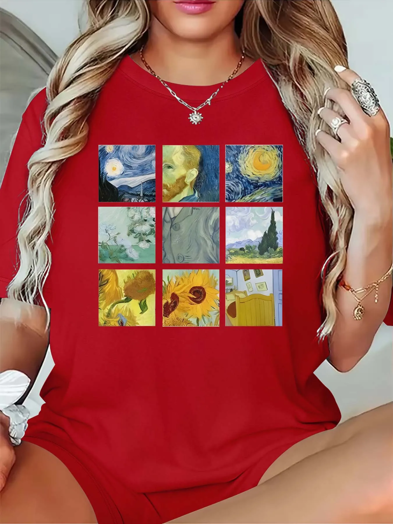 Plus Size Artistic Van Gogh Masterpiece Collage Tee For Women’s Sophisticated Fashion Taste
