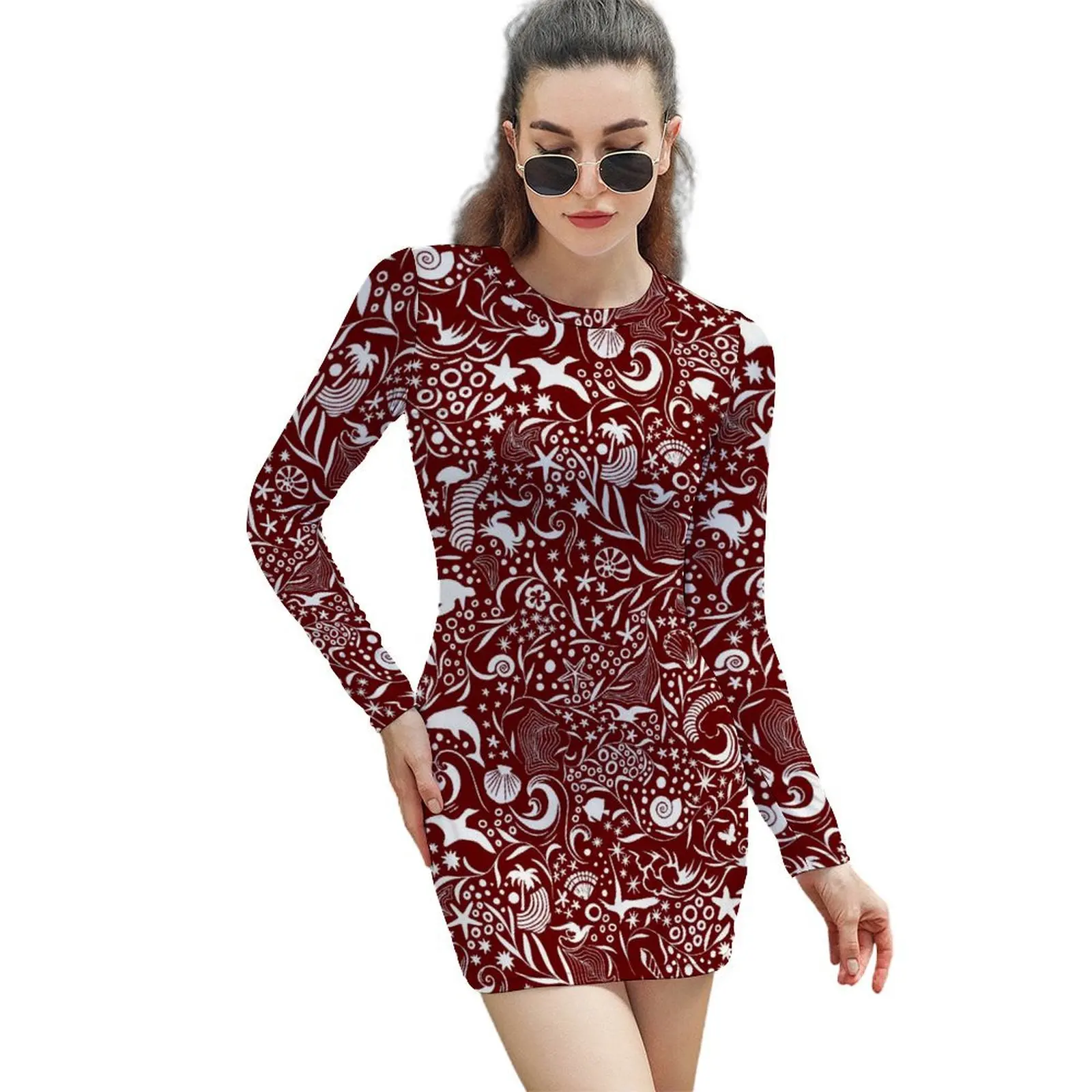 Sea Fish Dolphin Waves Dress Woman Red White Ocean Aesthetic Bodycon Dress Holiday Long Sleeve Dresses Custom Big Size Vestido