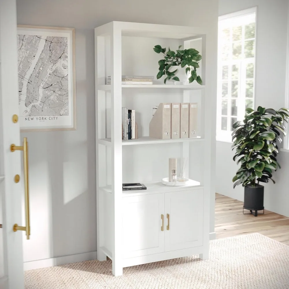 

Four-shelf Bookcase with Storage, White with Polished Brass Hardware