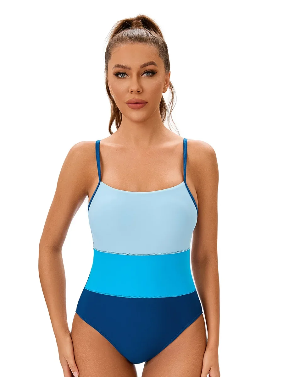 

2025 Bikini Women's Solid Color Patchwork One Piece Swimsuit Slim Monokini Bandeau Suspender Backless Beach Vacation Swimwear