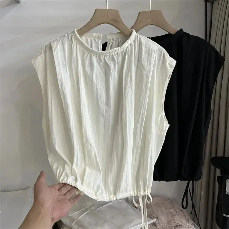 

Chic Dstring round Ne Svel irt Women's Top European Sle Summer New Design Cotton 00% Korean Version Loose Fit