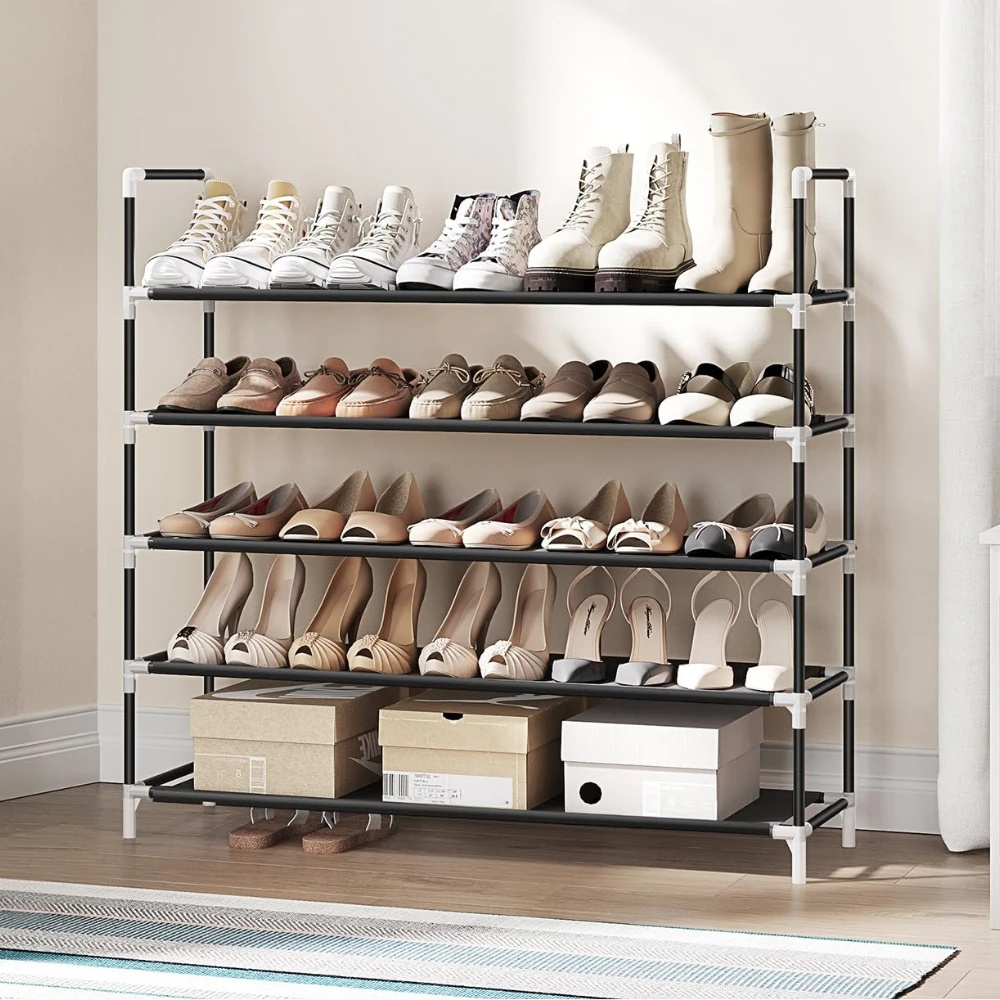 5-Tier Shoe Rack, 100cm Shoe Storage for Hallway Closet, Slim and Space-Saving, Metal Frame, Non-Woven Fabric Shelves, Black