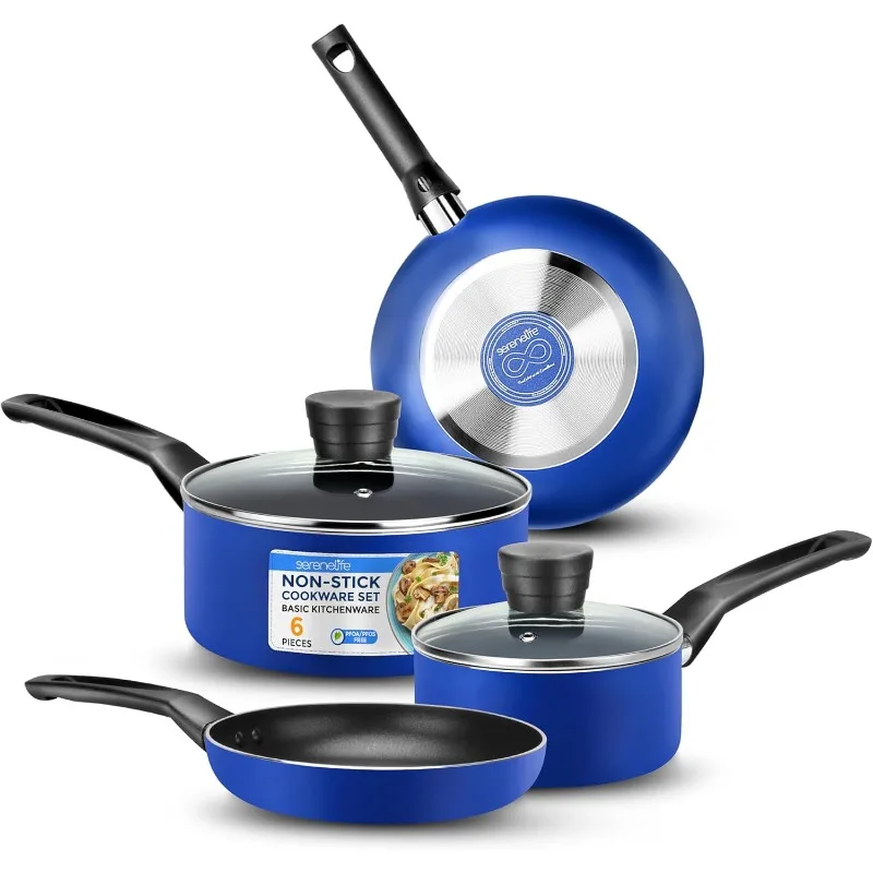 

SereneLife 6-Piece Pots and Pans Set – Nonstick Cookware, Black Coating, Heat-Resistant, Dishwasher safe, Includes Fry Pans