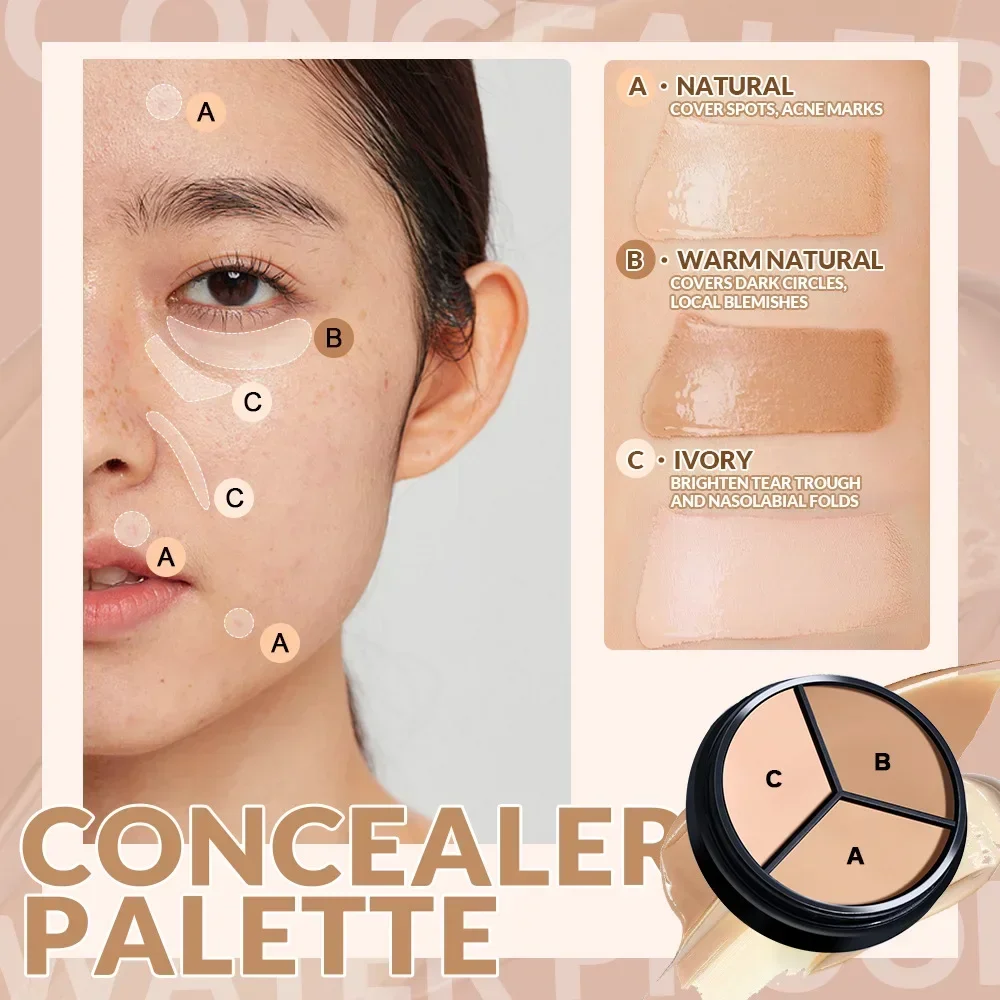 3-Color Concealer Moisturize Long Lasting Cover Dark Circles Acne Pores Cream Shading Highlighter Face Korean Makeup