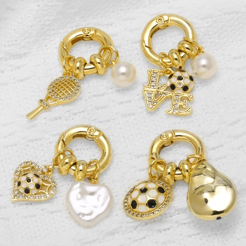 OCESRIO Soccer Ball Charms for Necklace Gold Plated Copper Tennis Racket Pendant Carabiner Jewelry Making Supplies pdtb939