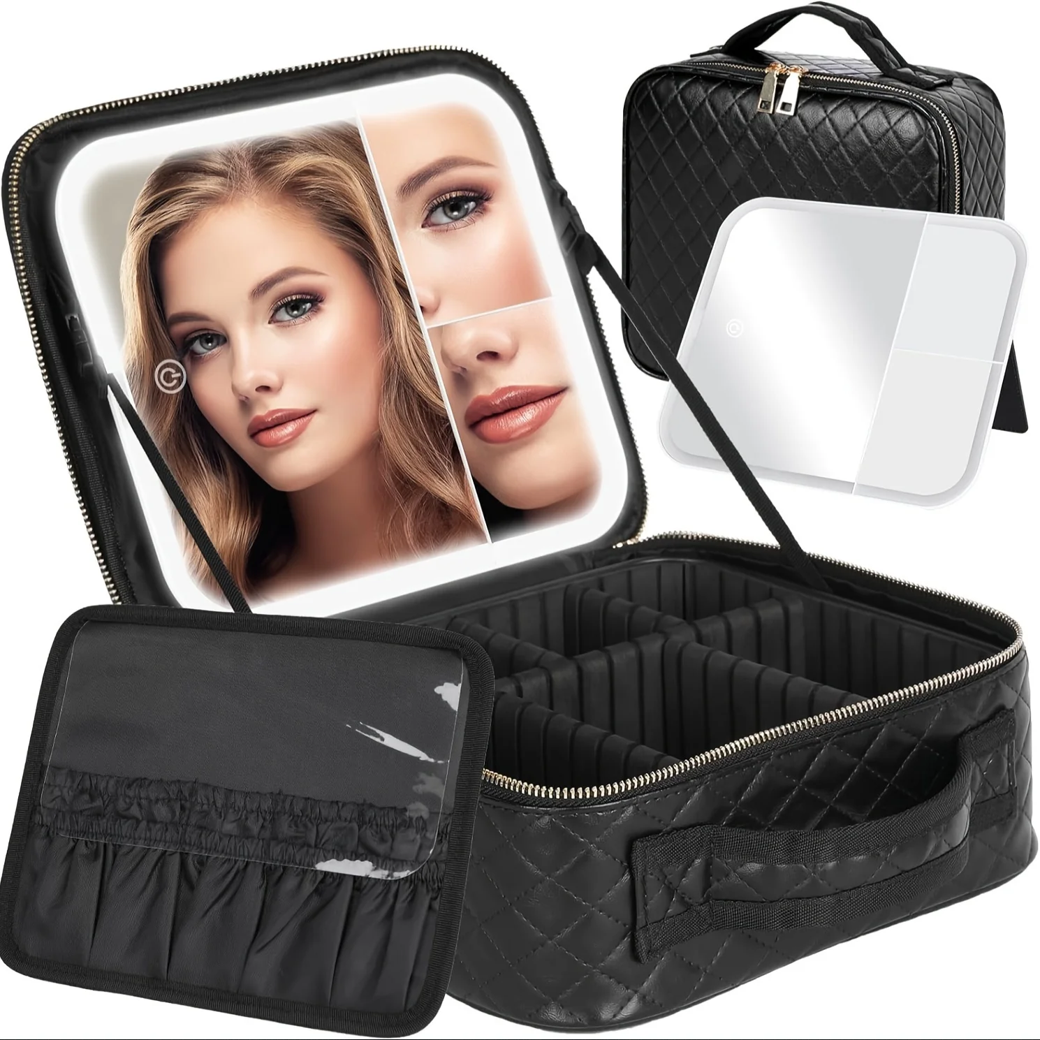 

Travel Makeup Bag With Light Up Mirror, With 2X3X Magnifying Mirror And Adjustable Partitions, Portable Makeup Box With 3 Color