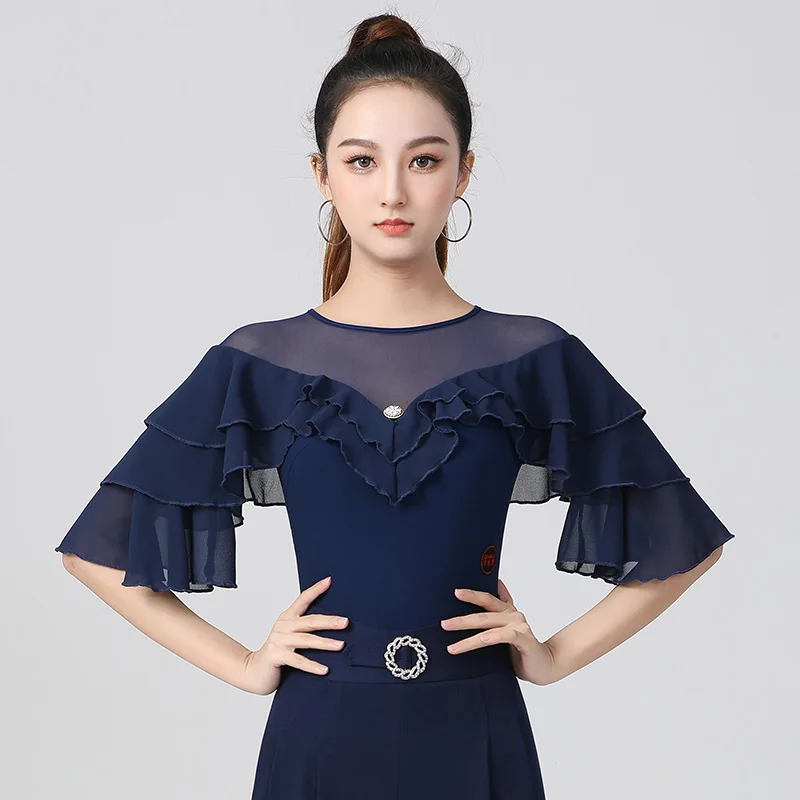 

Small Round Neck Mesh Ruffle Sleeved Latin Dance Tops For Women Practice Clothes Rumba Tango Dress Latin Dance Clothes DN14377