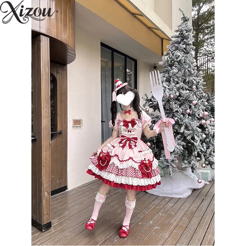 2025 สตรอเบอร์รี่สีชมพูLolita OP Sweet Kawaii Tutuเค้กเจ้าหญิงญี่ปุ่นโบว์ลูกไม้ลายสก๊อตSplicing Victorianพัฟแขน