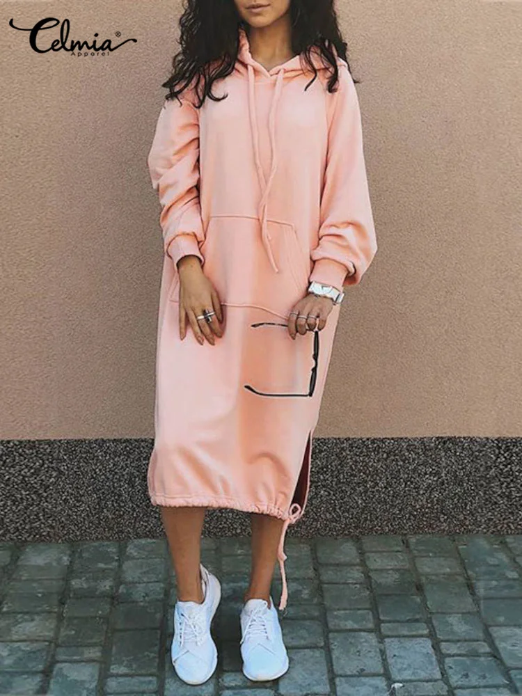 Hoodies Dress for Women Celmia 2023 Fashion Hooded Long Vestidos Winter Warm Casual Loose Sweatshirt Dress Hem Lace-up Midi Robe