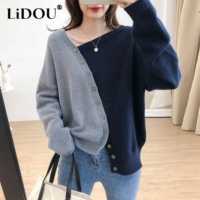 

Spring Autumn Diagonal Collar Patchwork Irregular Buttons Sweater Top Women Streetwear Casual Fashion All-match Knitted Cardigan