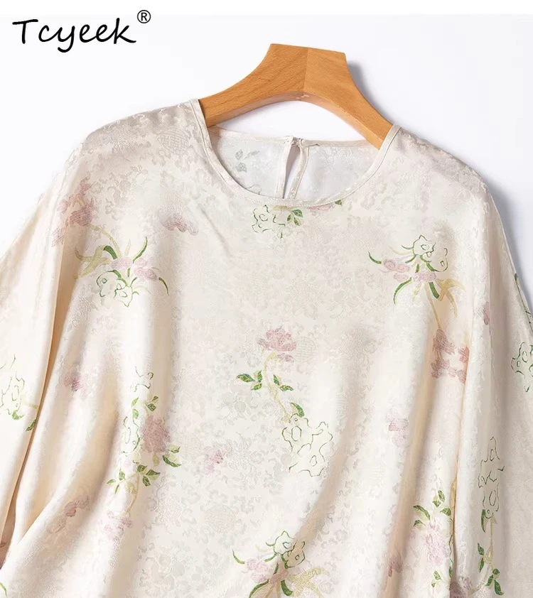 Tcyeek-Blusa de seda de morera 100% Natural, blusas elegantes para mujer, ropa de primavera y verano, Tops para mujer, Tops estampados holgados, Топ Женский