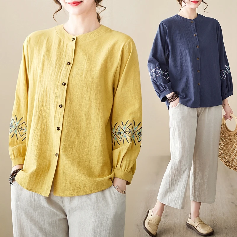 

Large Size Embroidered Cotton Linen Loose round Neck Shirt Women's Fashionable Casual Top And Bottoms Set Versatile Comfortable